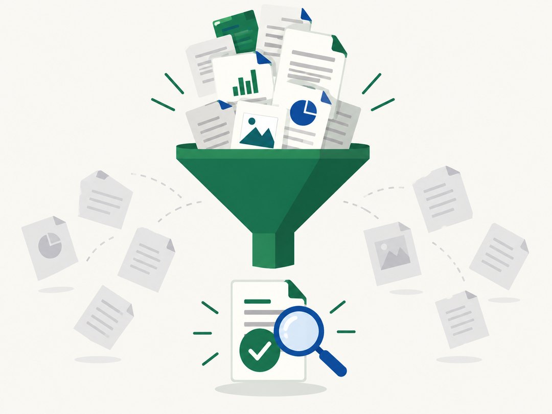 Illustration of a funnel screening a stack of grant listings down to one brief with a checkmark